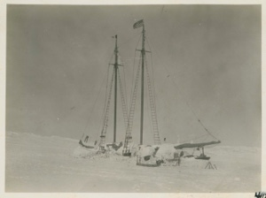 Image of Bowdoin in winter quarters - Flying flag of Winthrop Yacht Club